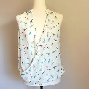 ZARA‎ Basic Giraffe Rainbow Print Cream Twist Front Wrap Top - XS